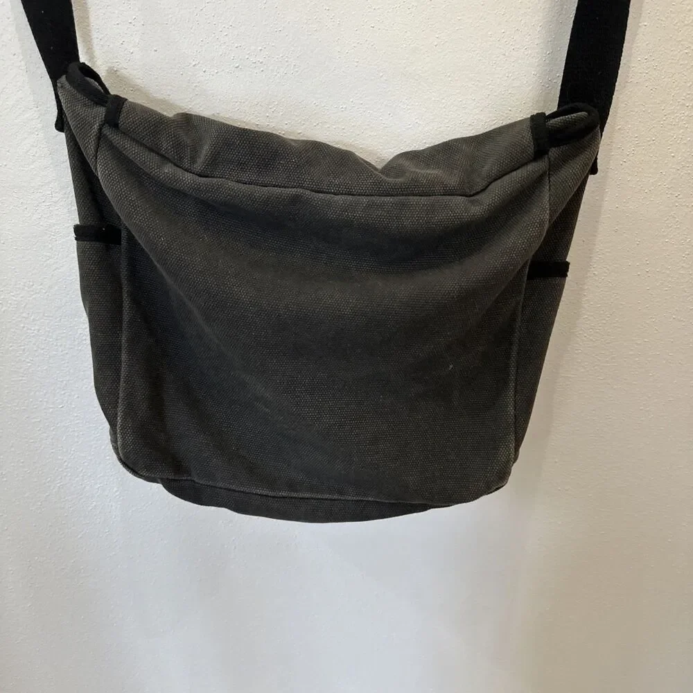 Levenger Canvas Gray & Black Leather Trim Messenger Crossbody Bag